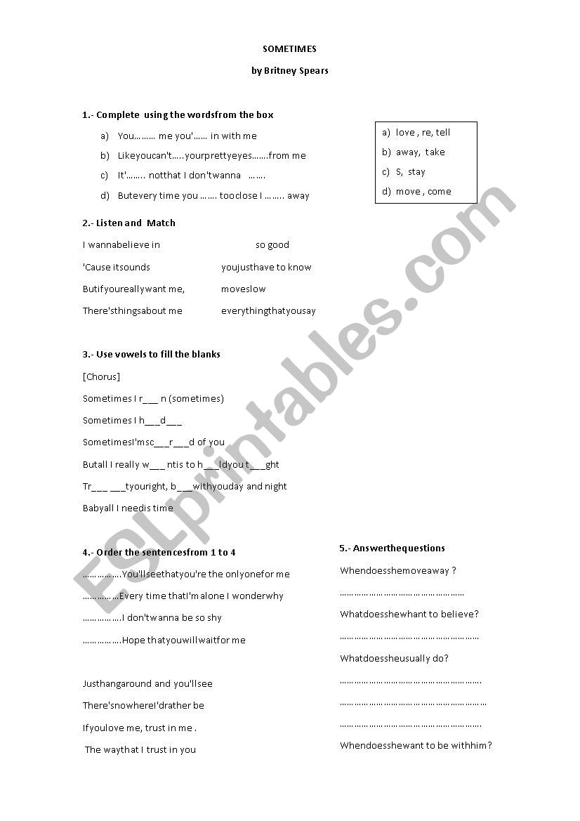 Sometimes by Britney Spears worksheet