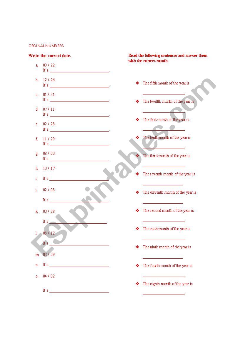 ordinal numbers worksheet