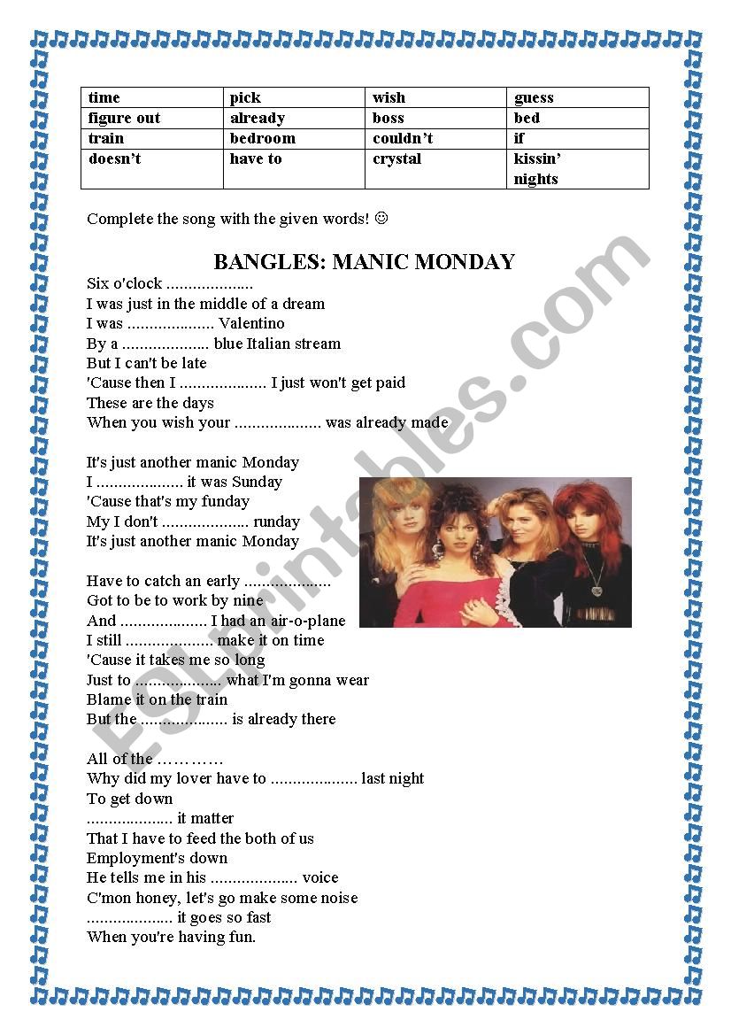 Bangles: Manic Monday worksheet