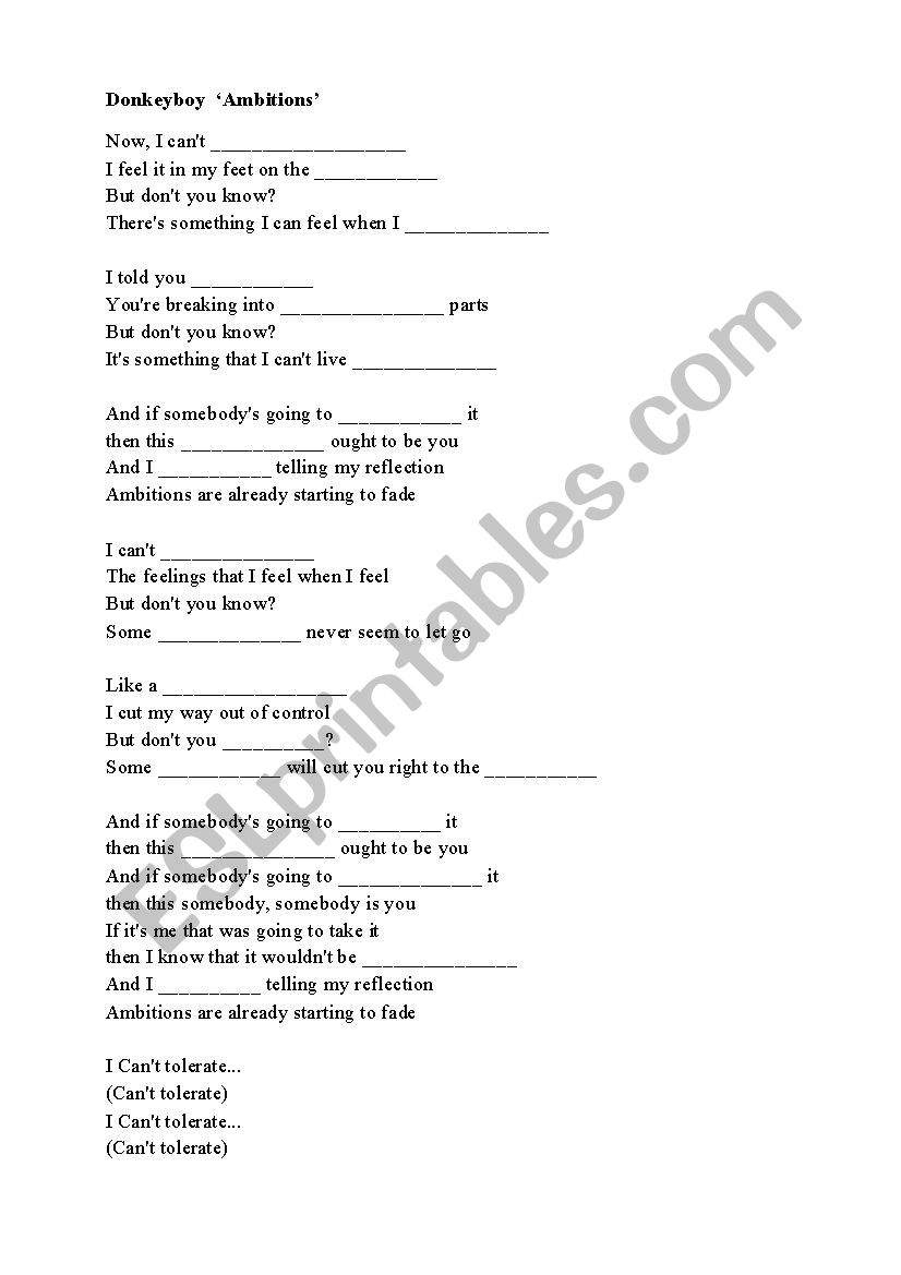 Donkeyboy ´Ambitions´ song worksheet