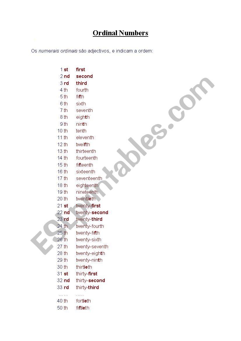 Ordinal numbers worksheet