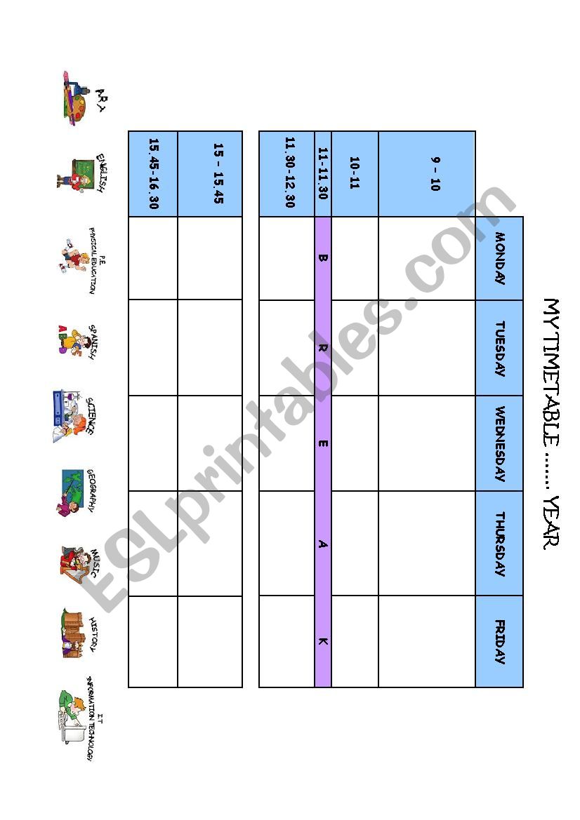 My timetable and subjects worksheet