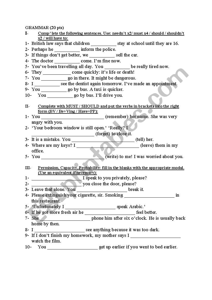 Modals worksheet