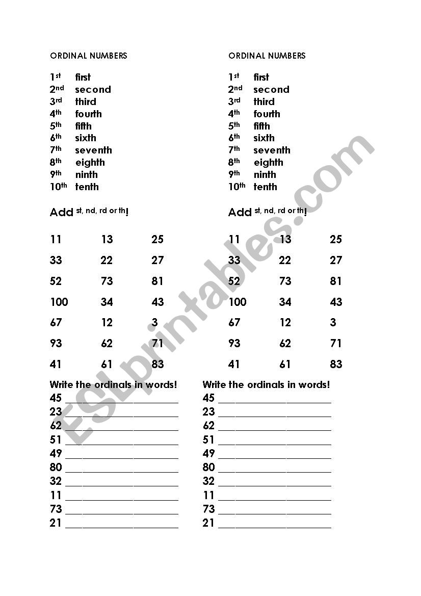 Ordinal numbers worksheet