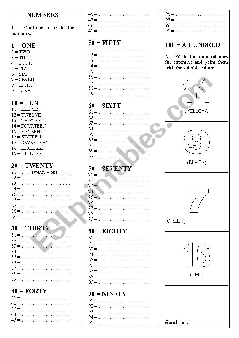 NUMBERS IN ENGLISH worksheet