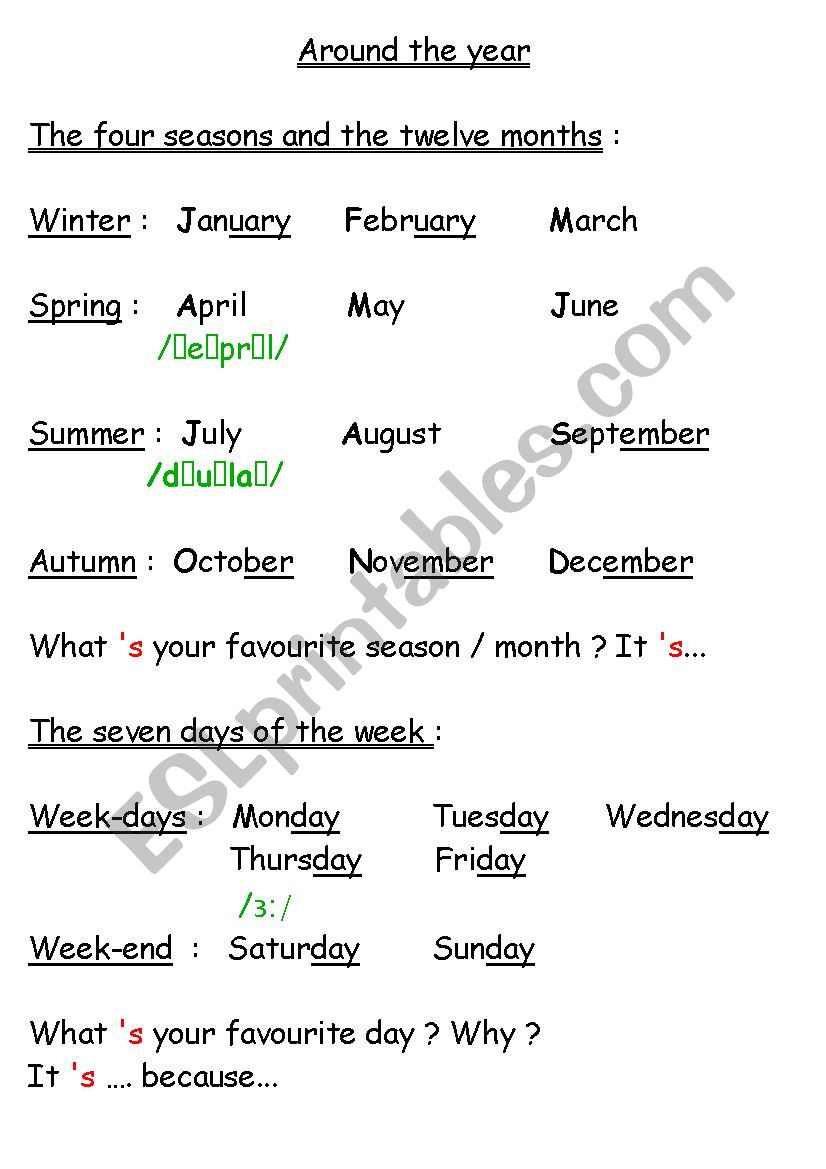 Seasons Months Days worksheet