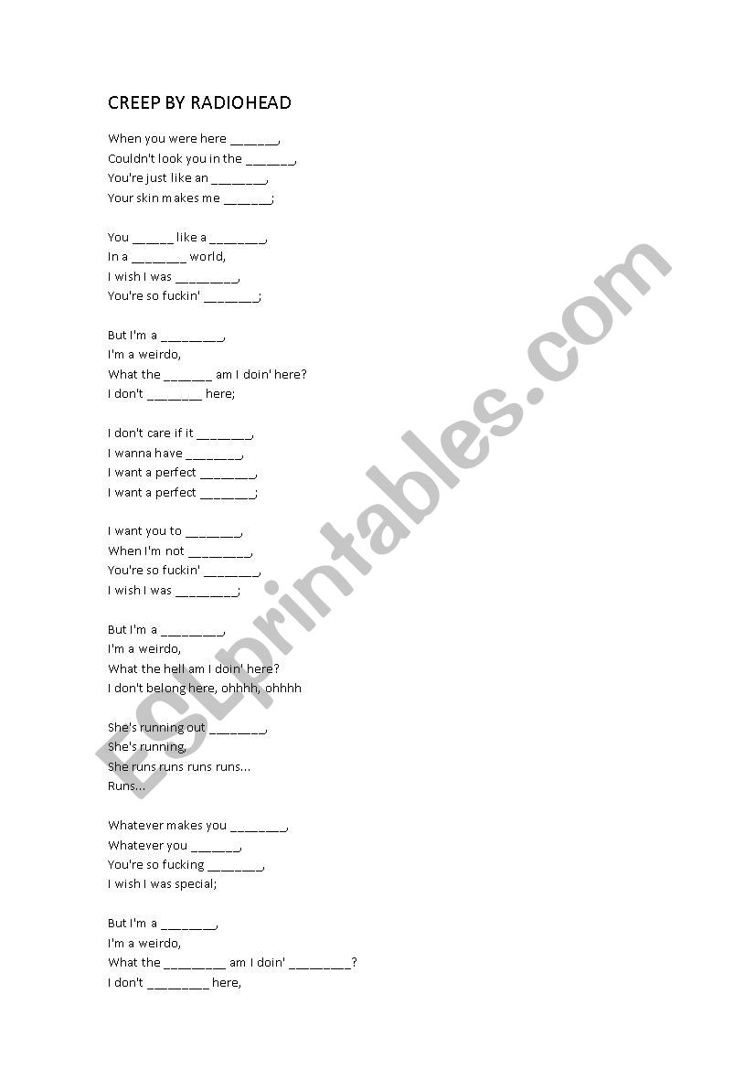songs to be completed worksheet