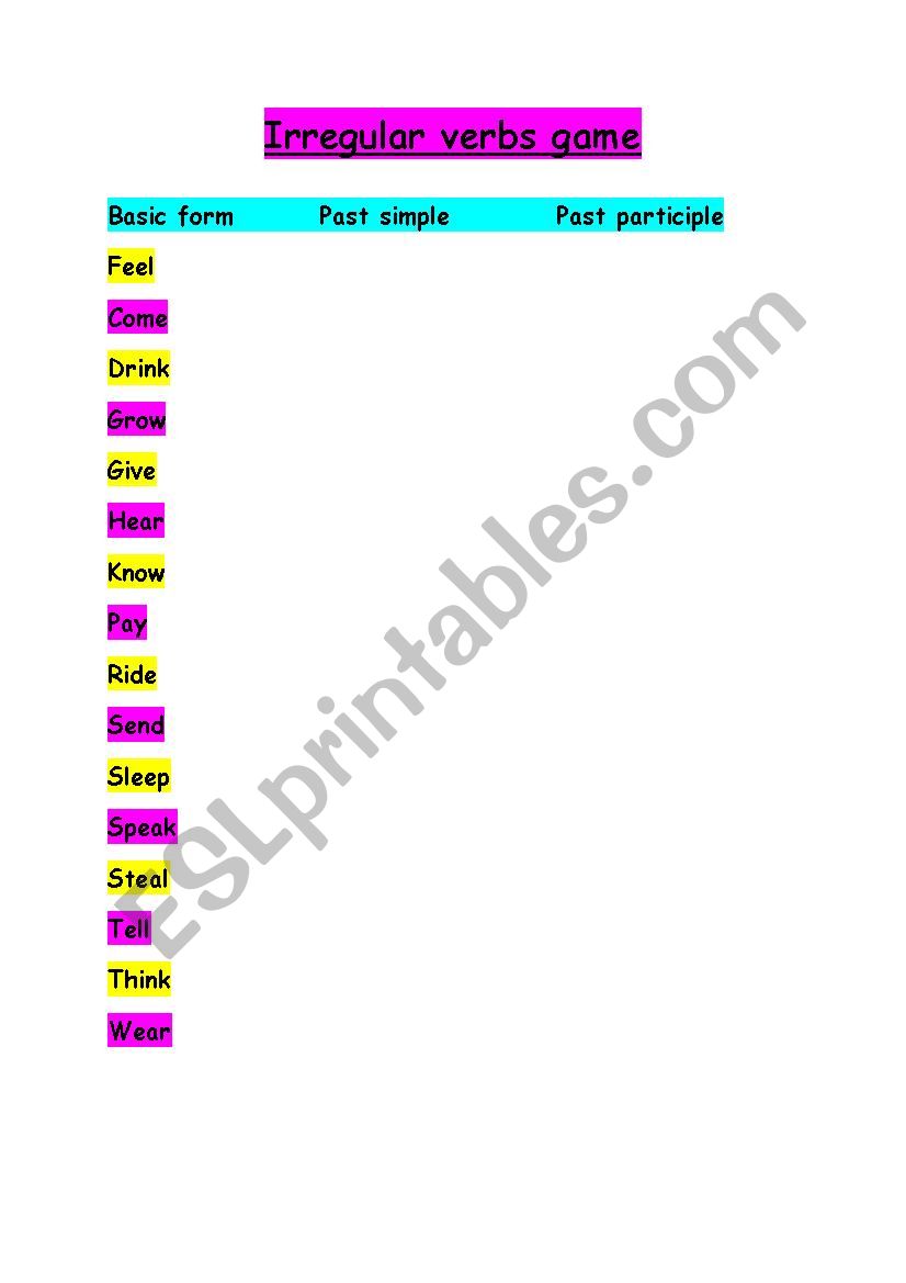 Irregular verbs game worksheet