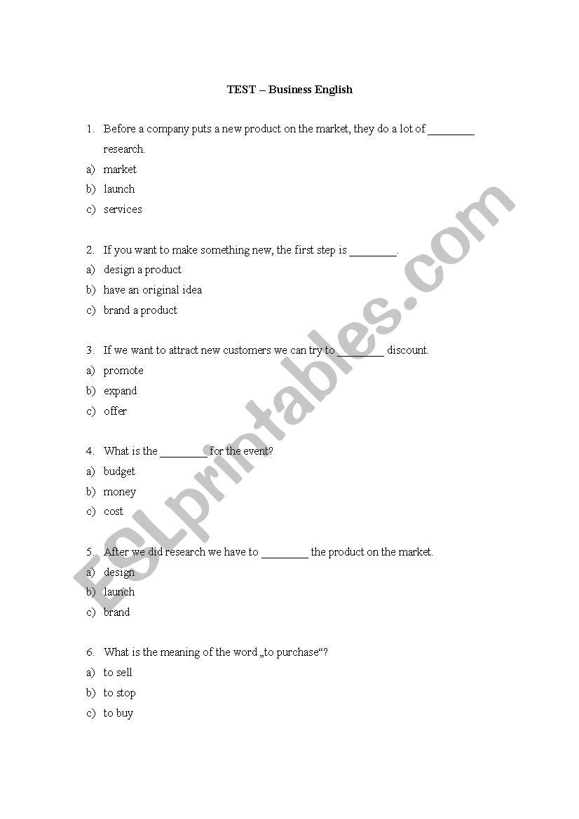 Business English Test worksheet