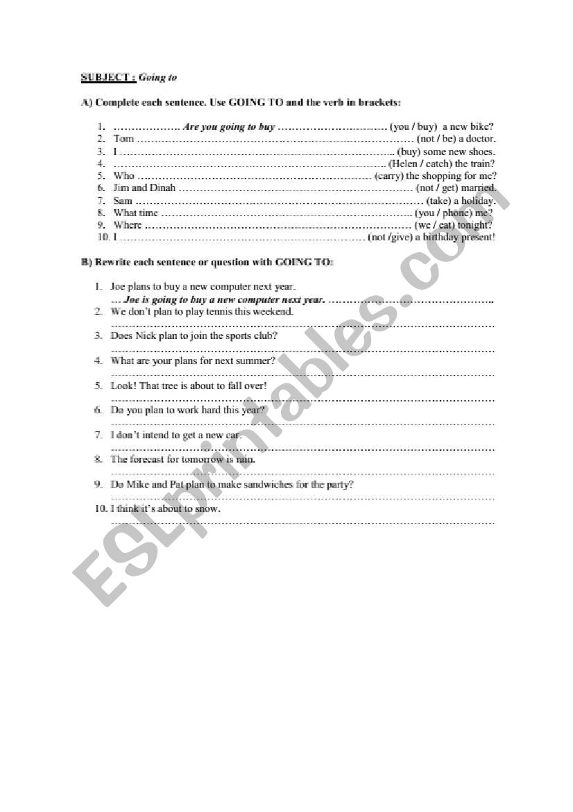 GOING TO - Grammatical exercises