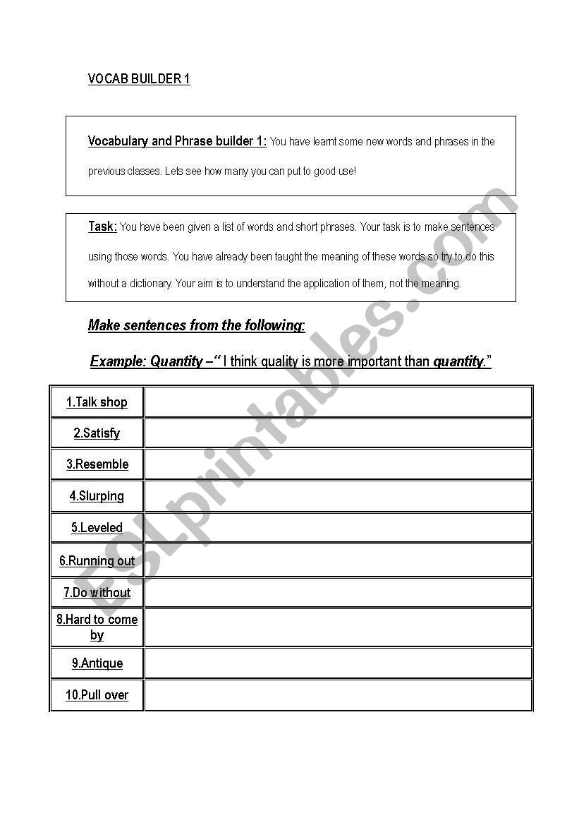 Vocabulary builder worksheet