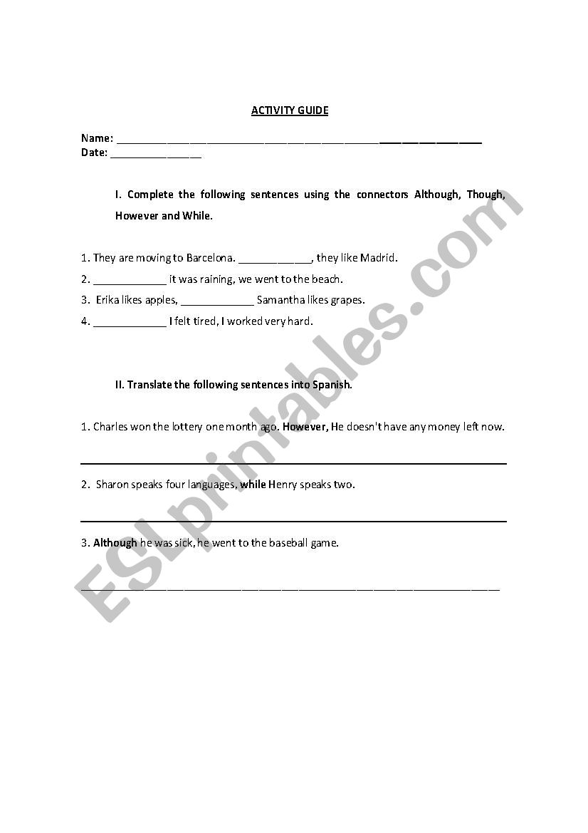 Activity Guide Connectors worksheet