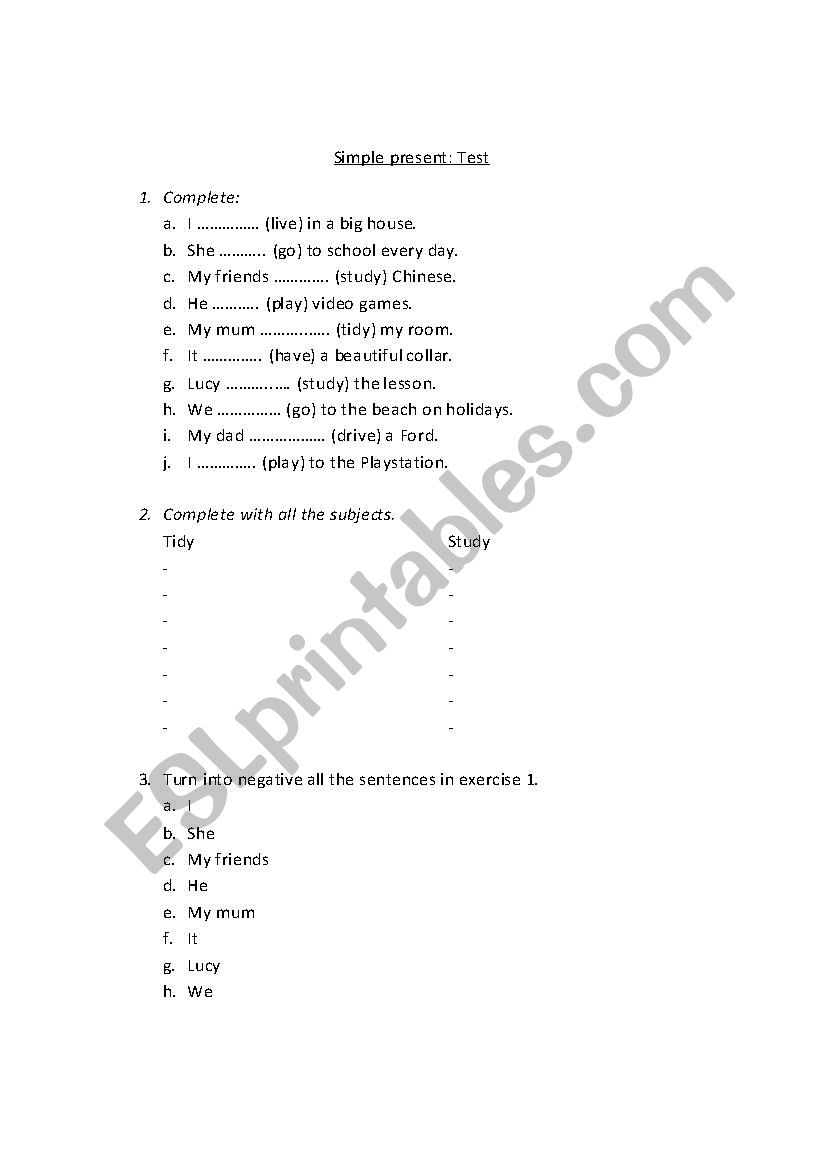 Simple present test 2 worksheet