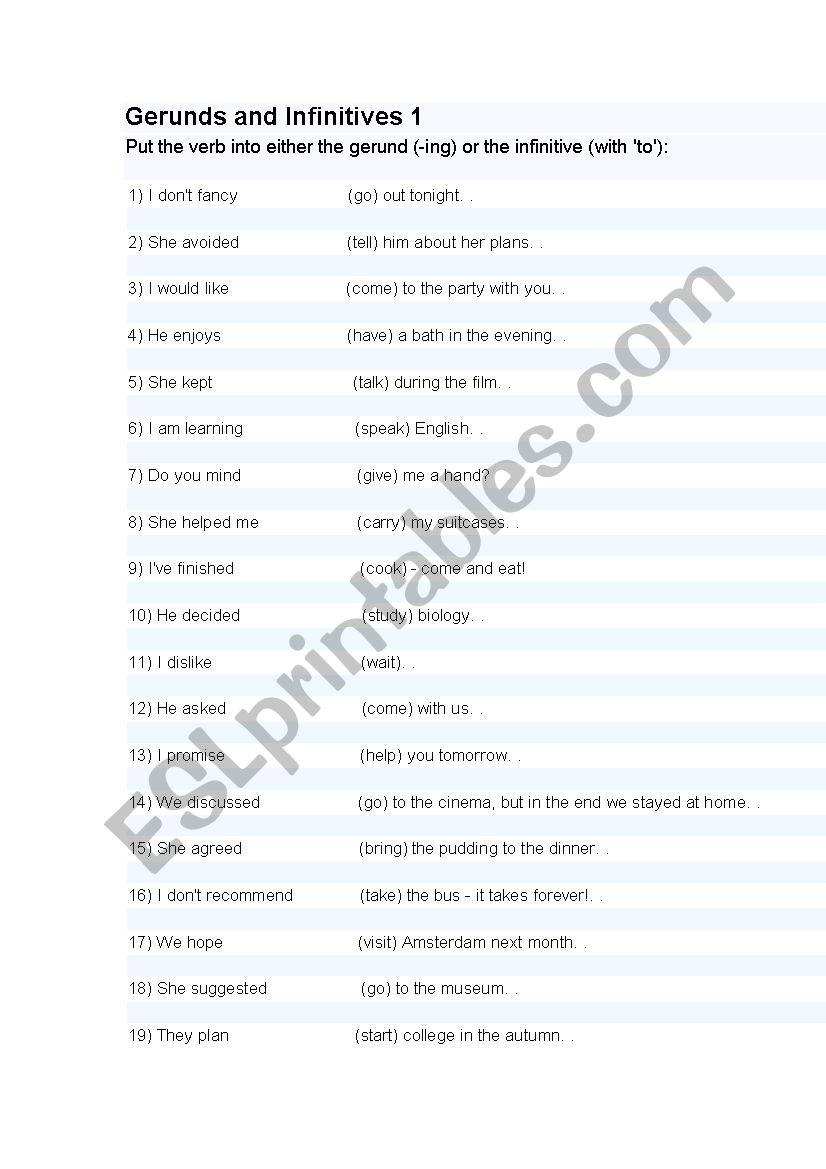 Gerunds and Infinitive Exercises