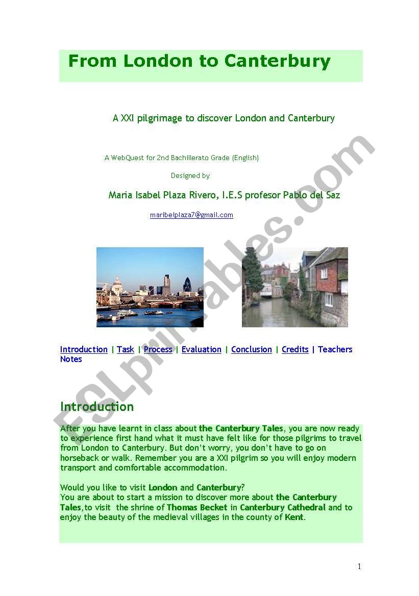 From London to Canterbury.  worksheet