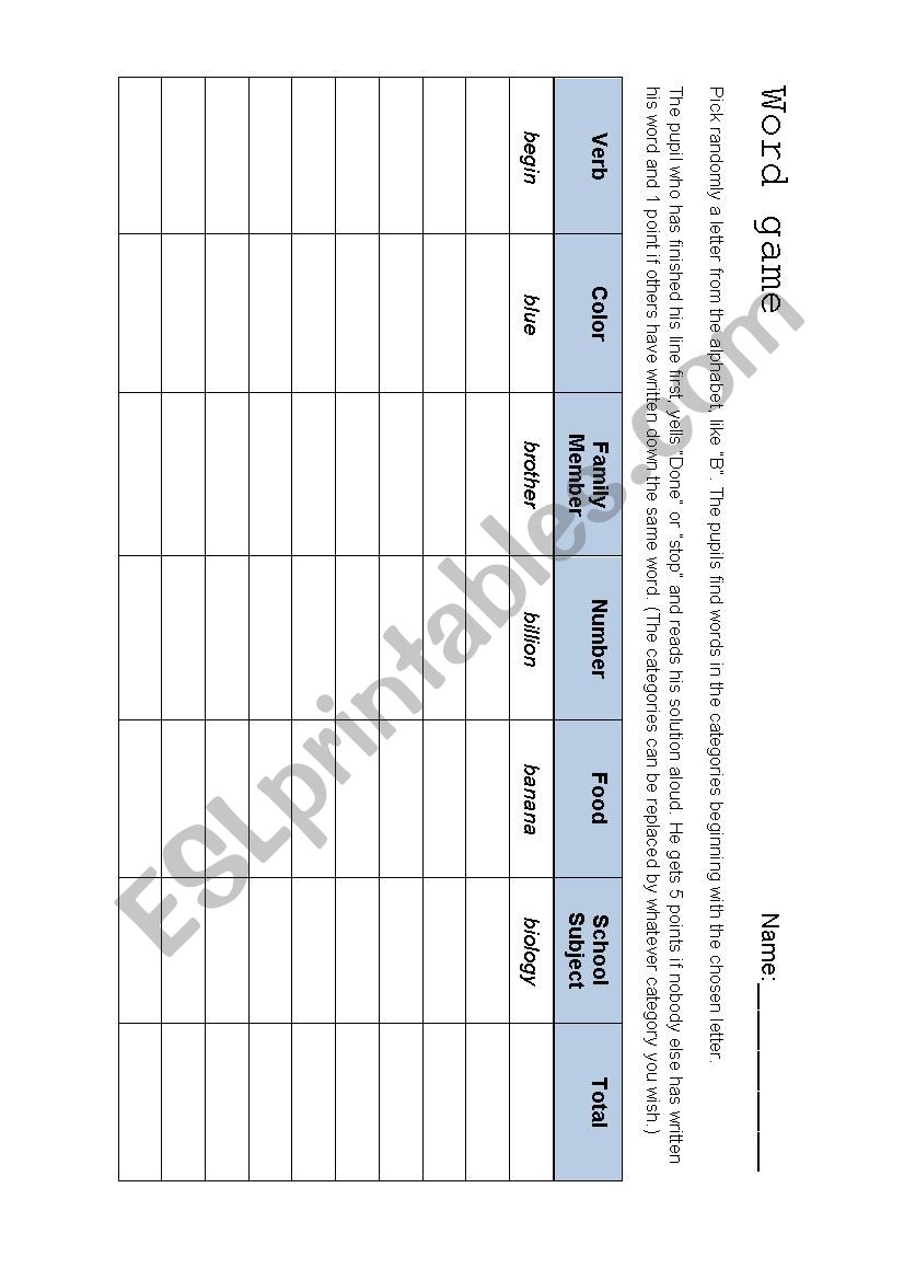 Word game (vocabulary race) worksheet