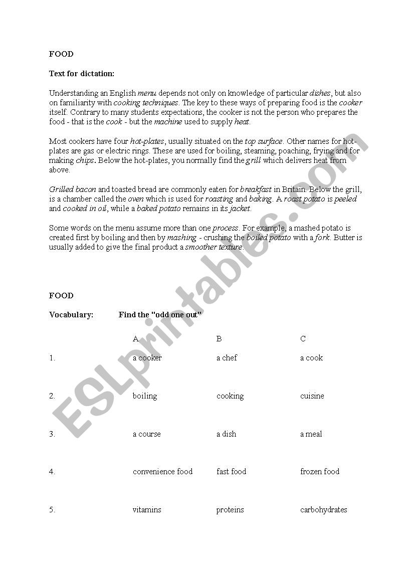 food worksheet