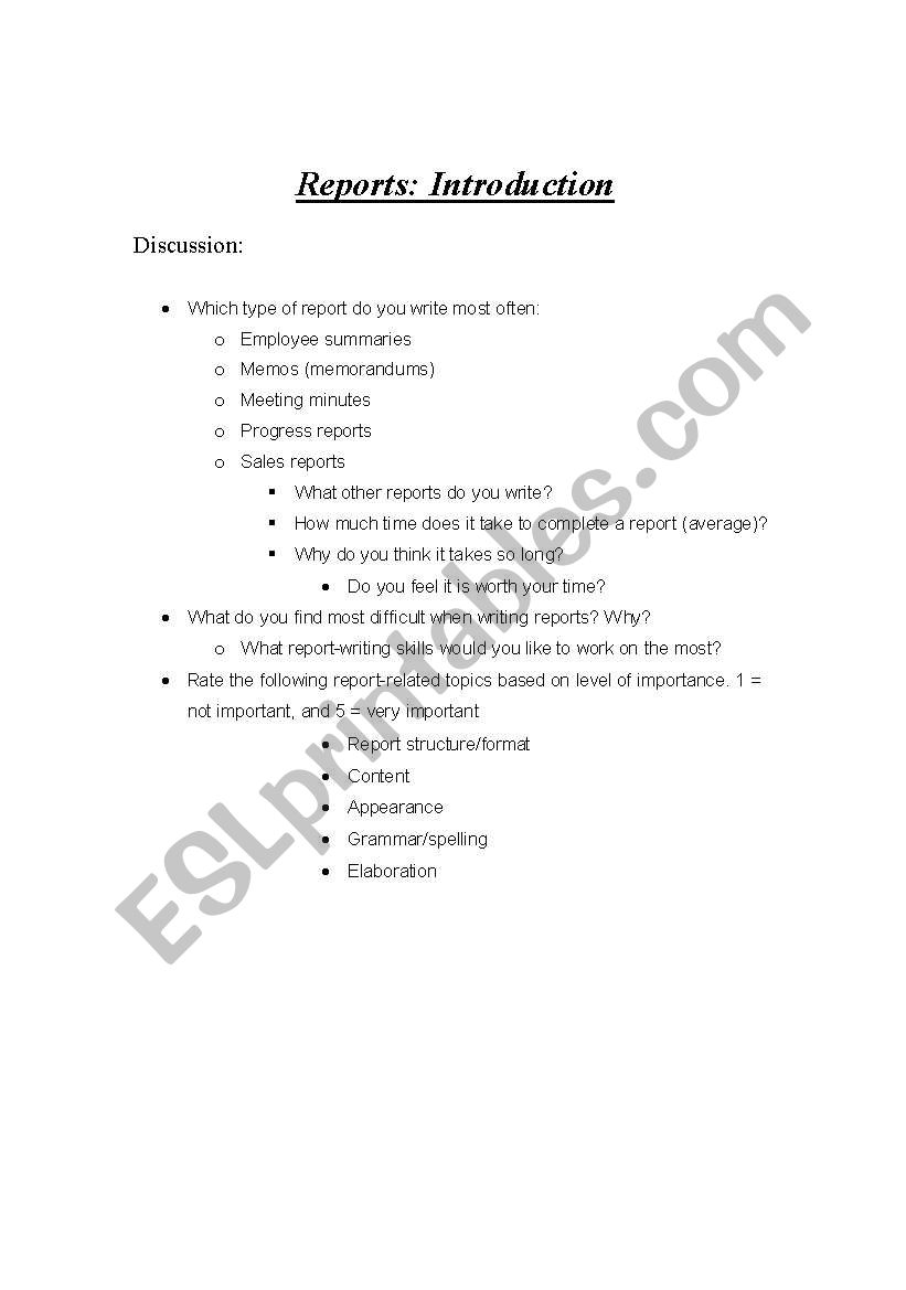 Business Repots: Introduction worksheet