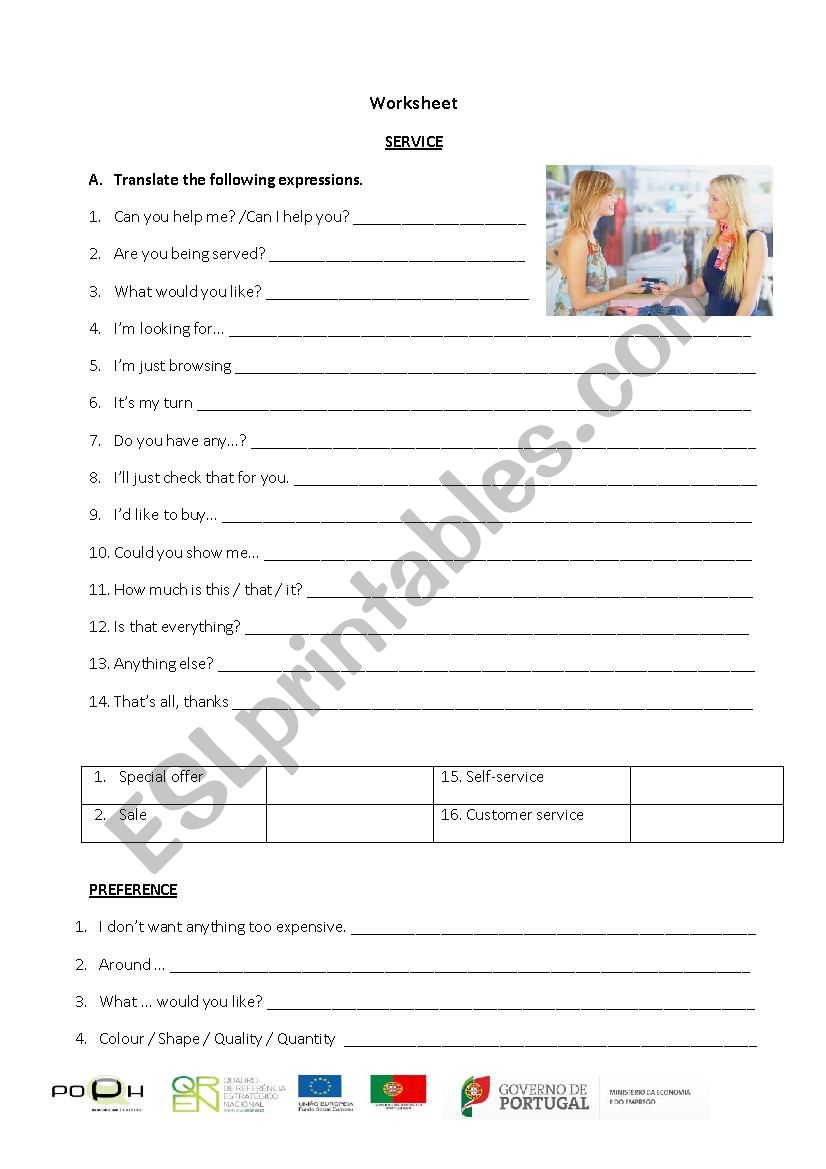 Shopping - Service  worksheet