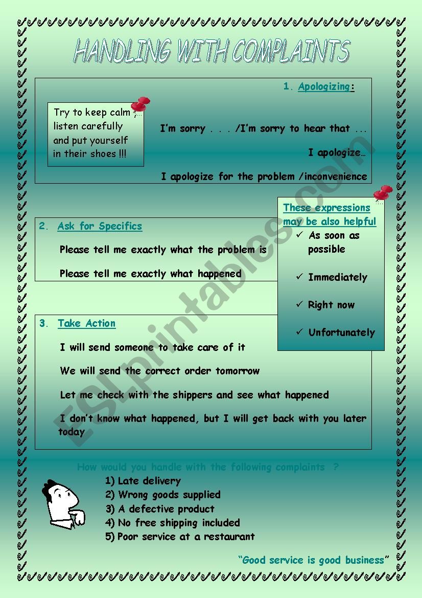 Handling with complaints  worksheet