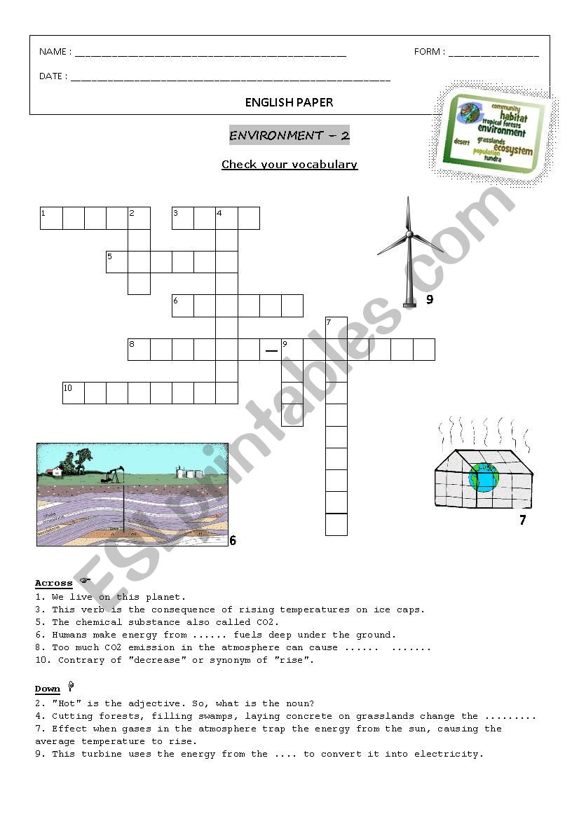 Environment Crossword - ESL worksheet by mamanours