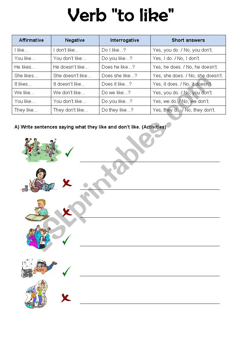 Like To Verb Esl Worksheet