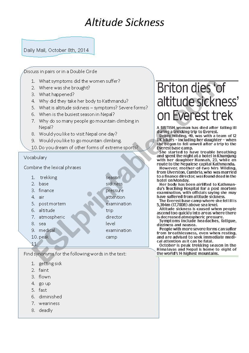 Altitude Sickness worksheet