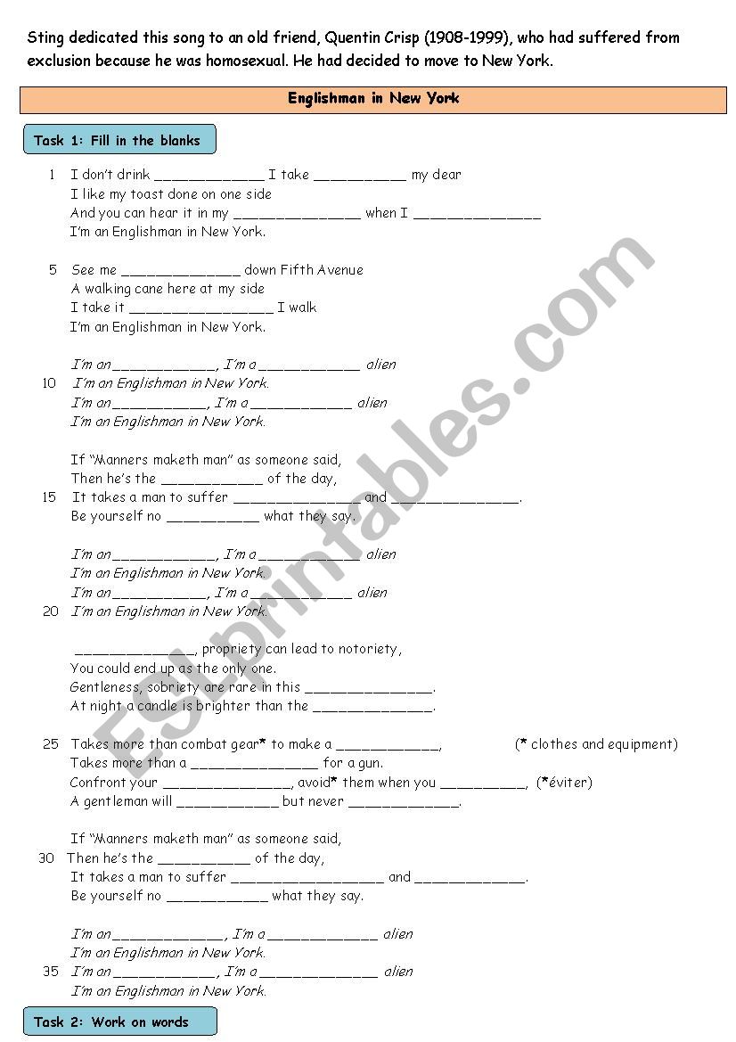 An Englishman in New York worksheet