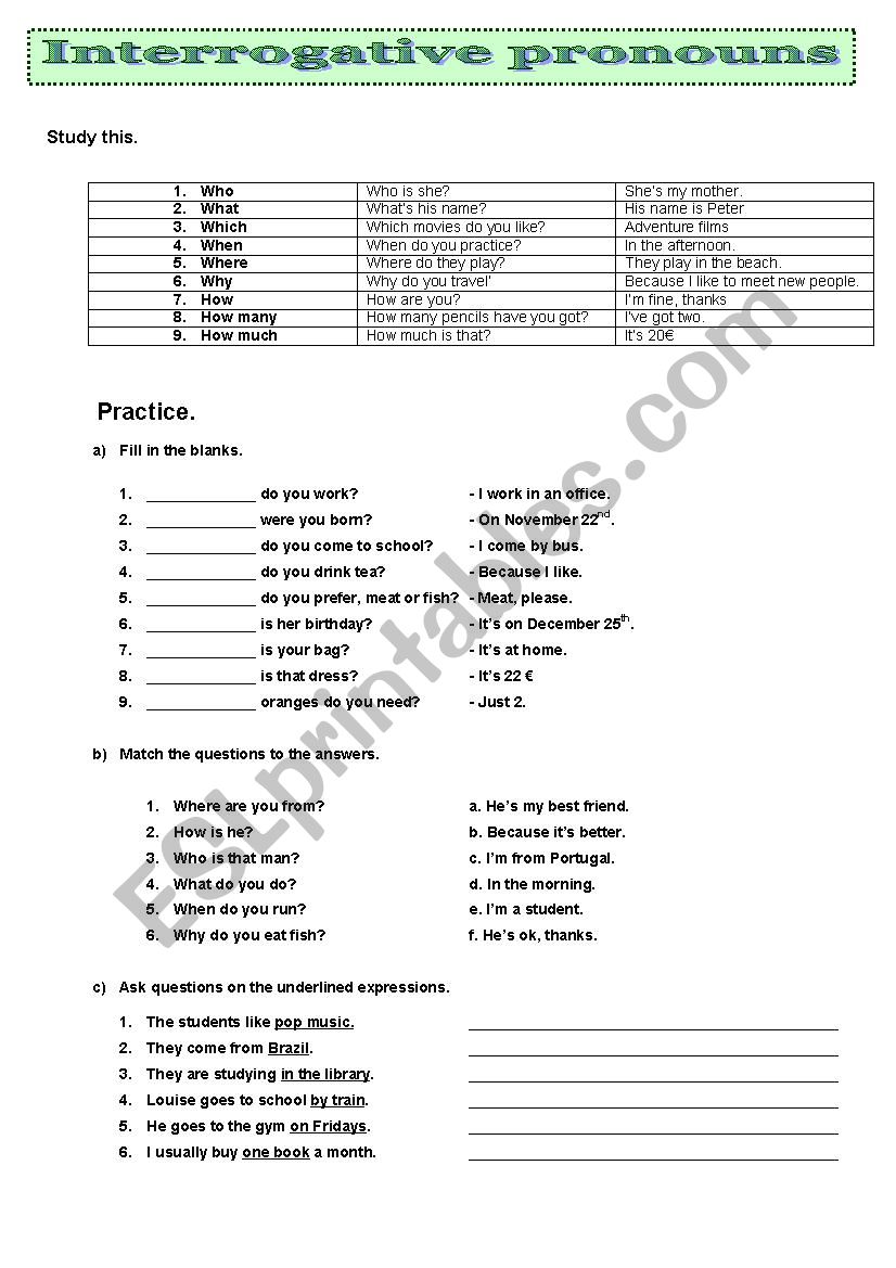 Interrogative Pronouns worksheet
