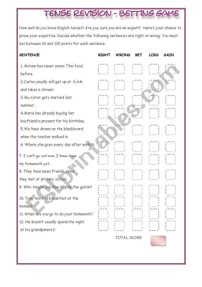 Tense revision worksheet