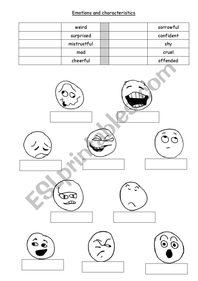 Emotions and characteristics worksheet