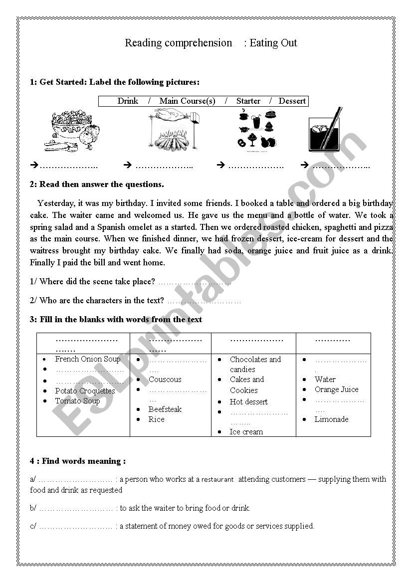 Eating out worksheet