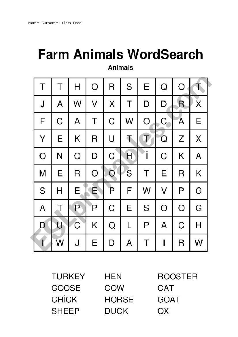 Farm Animal Word Search worksheet