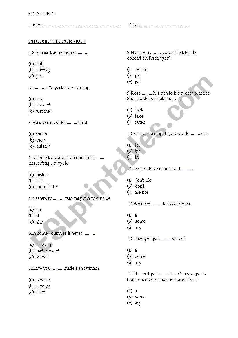 final test b class worksheet