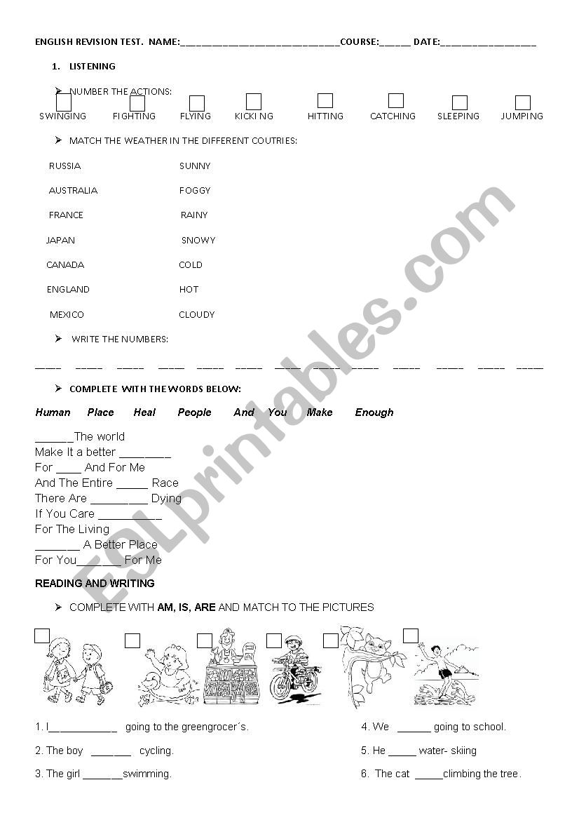 Revision test worksheet