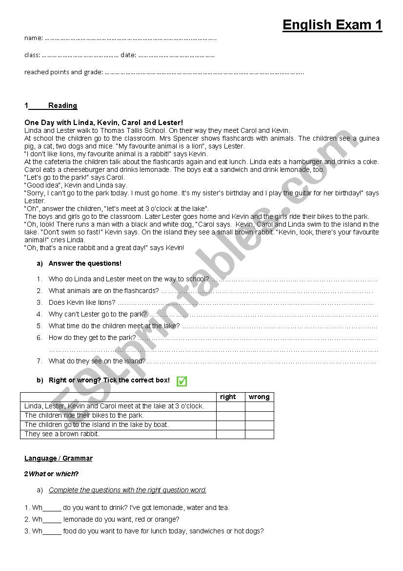 6th grade exam: present progressive, simple present, what or which, vocab