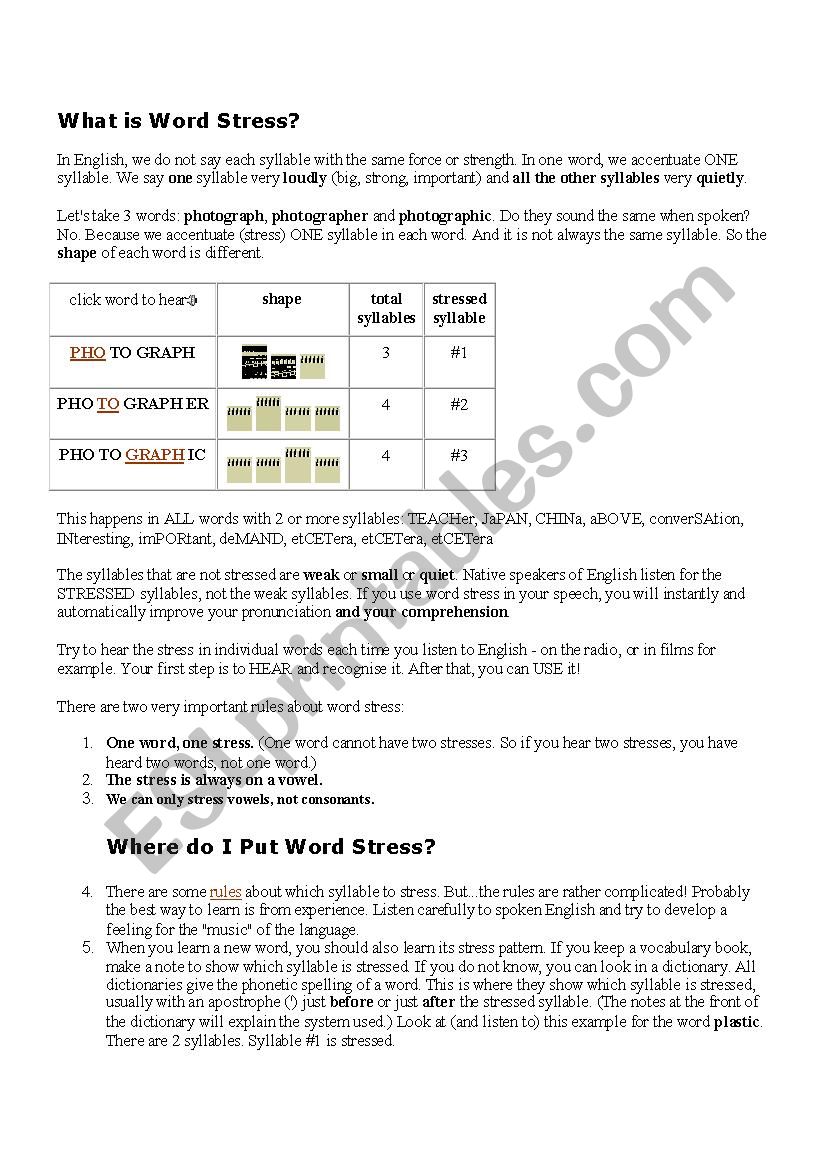 WORD STRESS worksheet