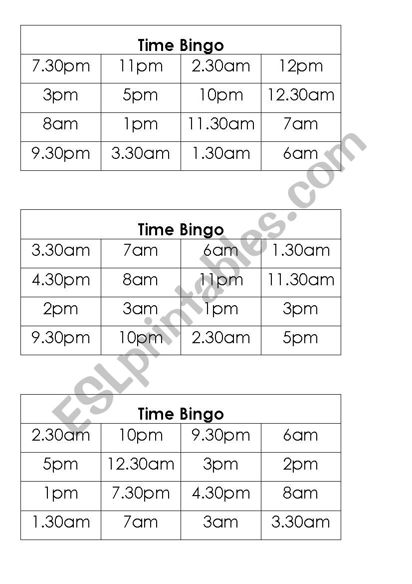 Time Bingo worksheet