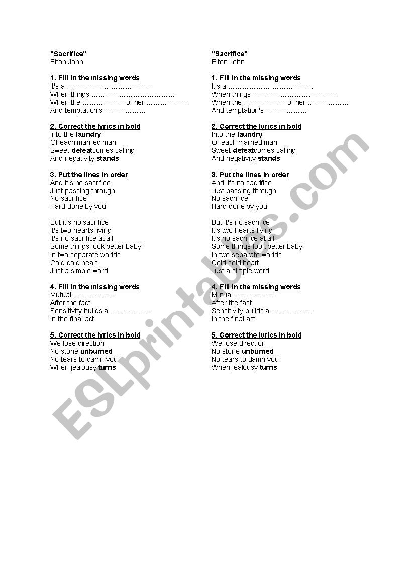 Sacrifice by Elton John - ESL worksheet by gcaMetro