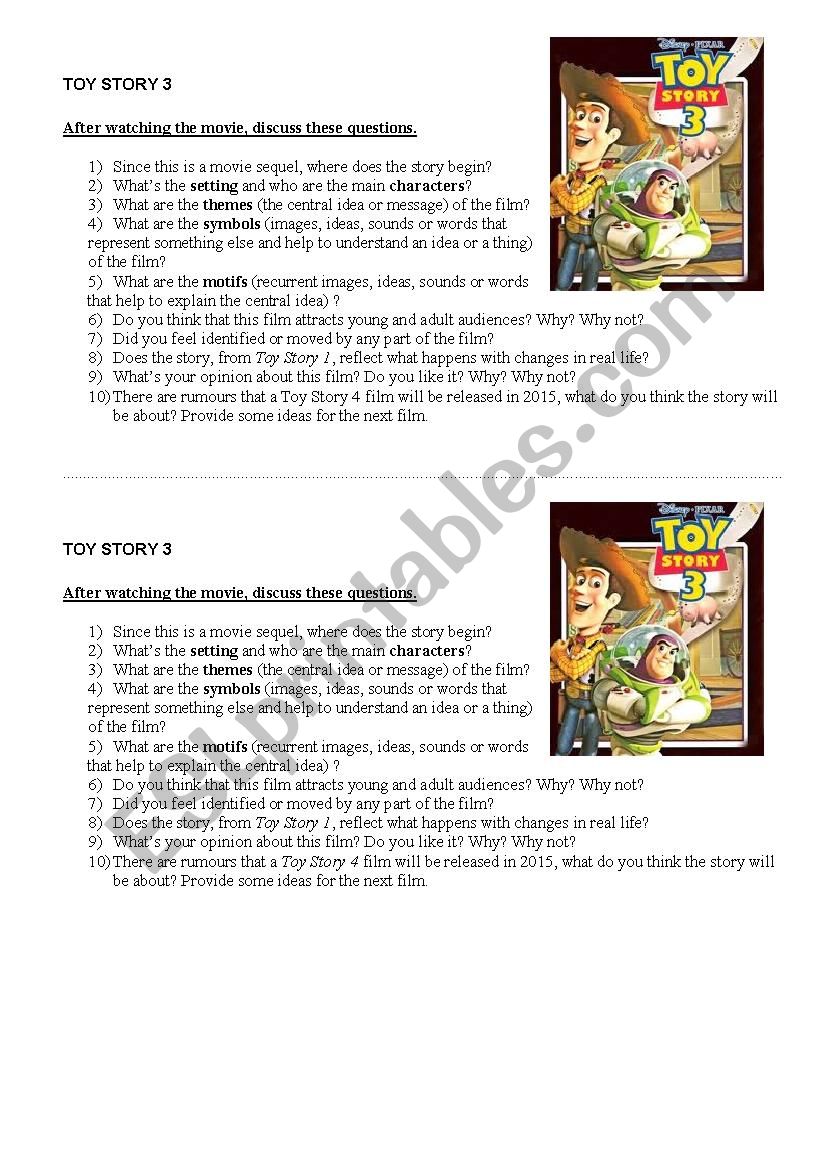 Toy story 3 analysis  worksheet