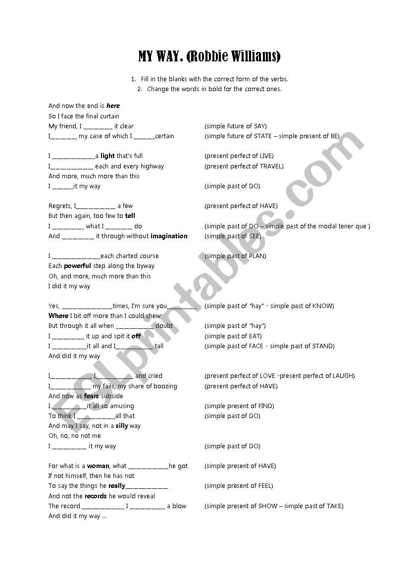 My Way worksheet