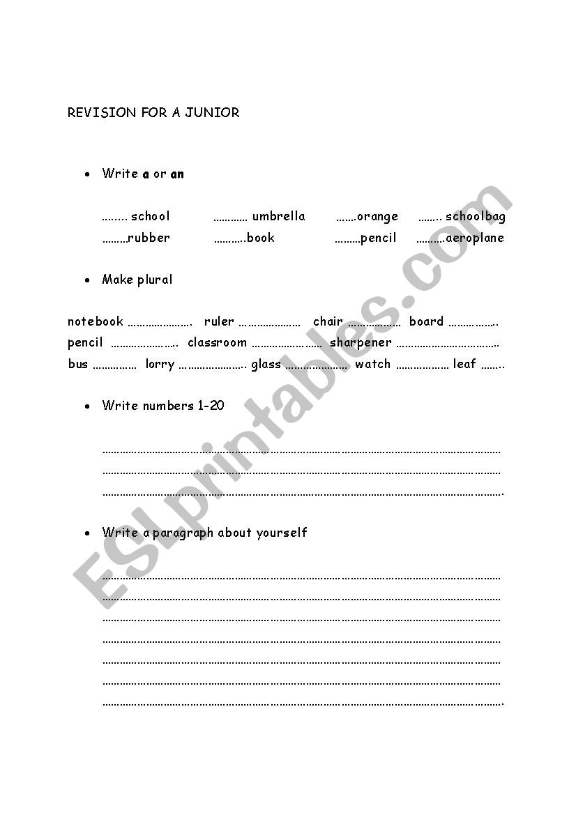 Revision for A Junior worksheet