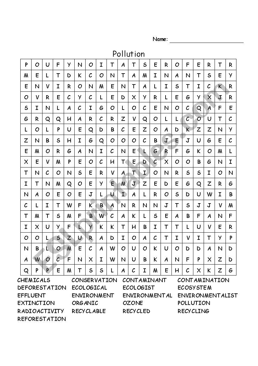 Pollution Vocabulary wordsearch