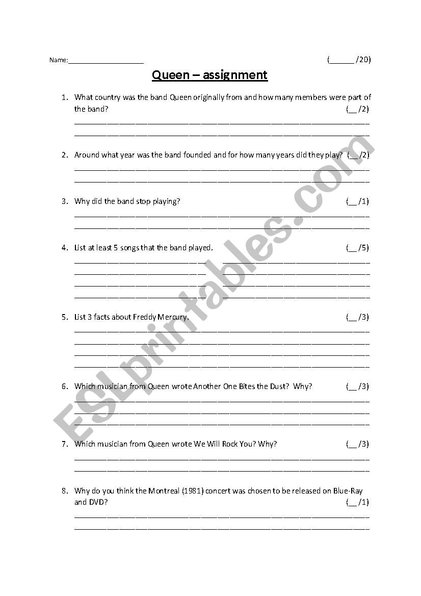 Queen (band) - quiz worksheet