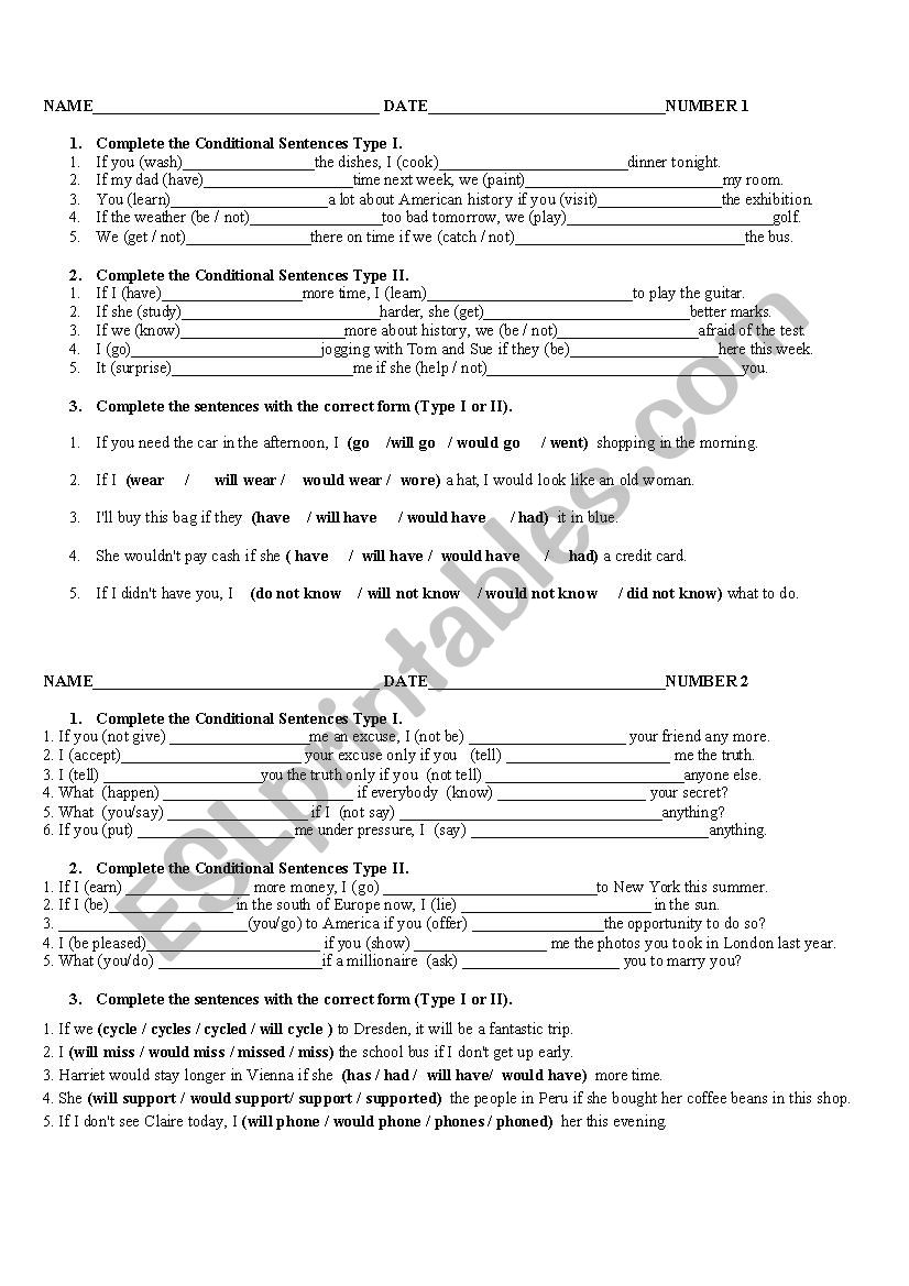 first and second conditional worksheet