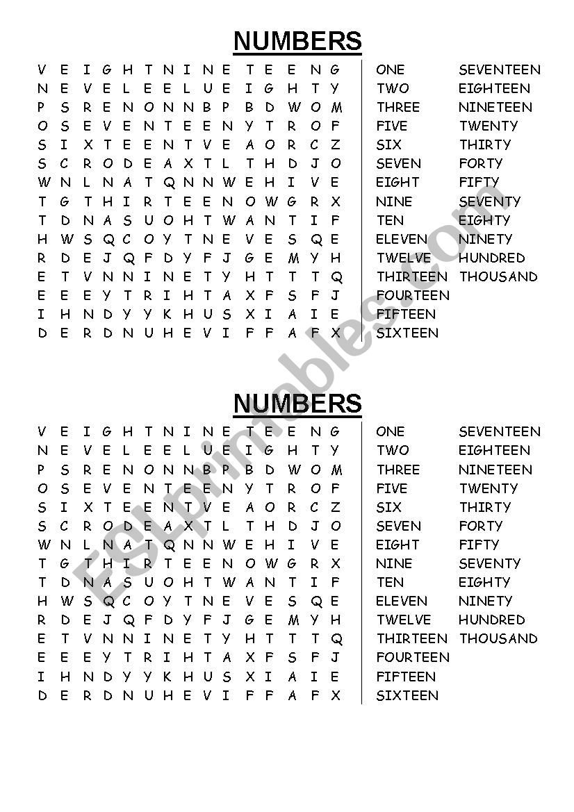 wordsearch all numbers  worksheet