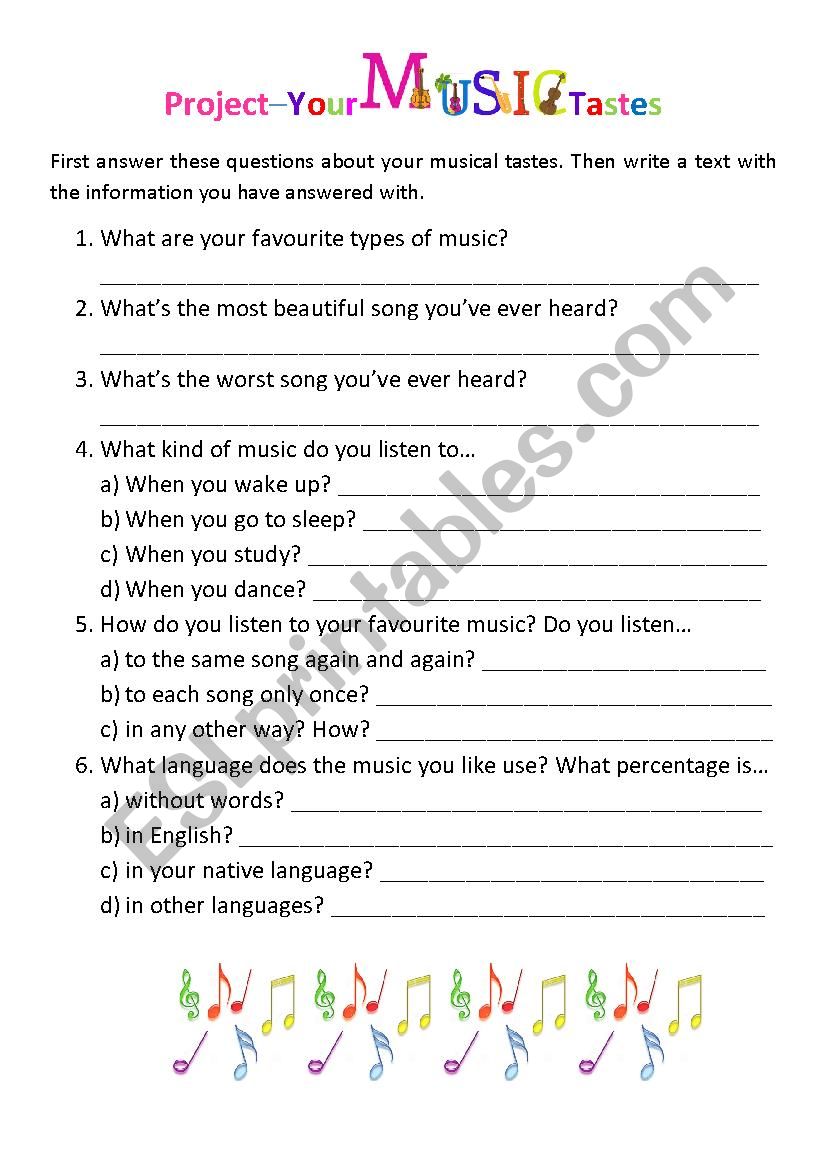 Project - Your music Tastes worksheet