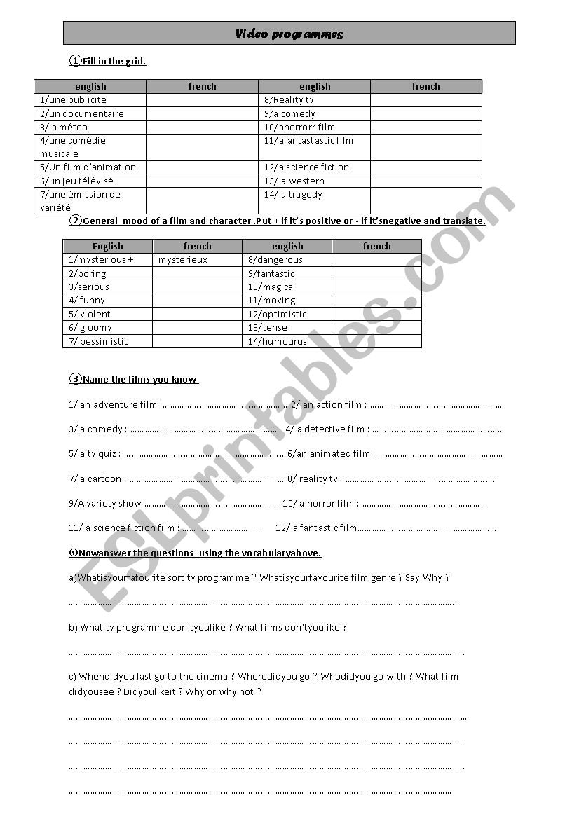 video programmes worksheet