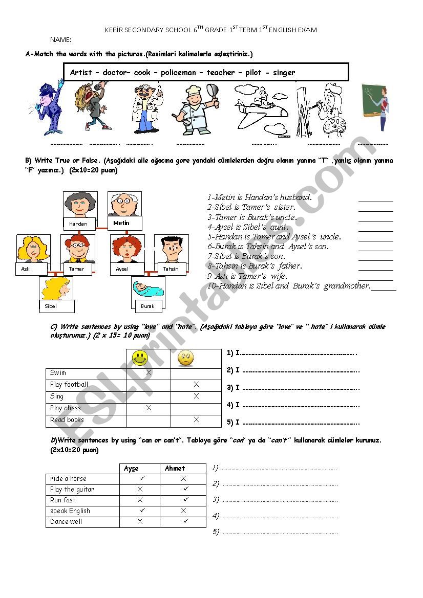exam worksheet
