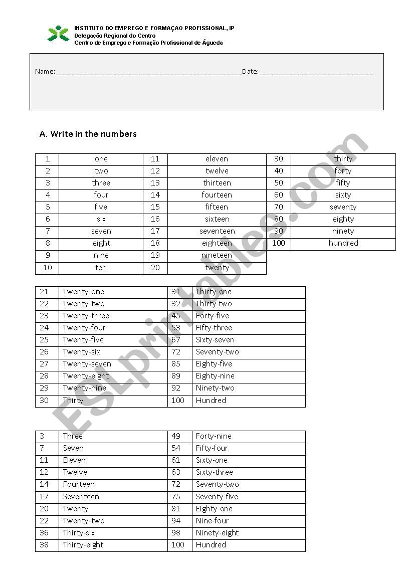 numbers worksheet